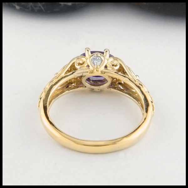 Rear view of Purple Sapphire and Diamond Gold Ring