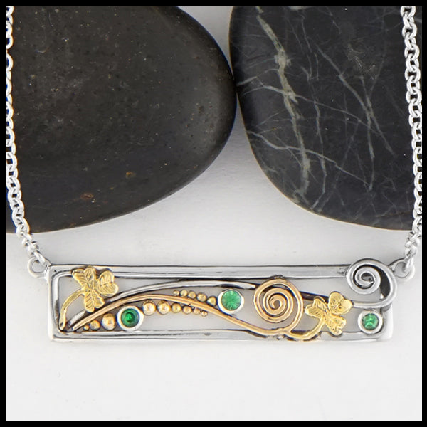Overhead view of Shamrock and Tsavorite Bar Necklace