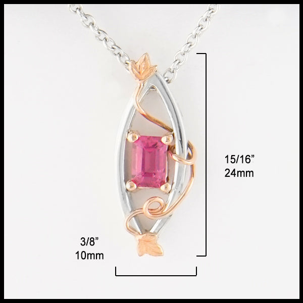 3/8 inch by 15/16 inch Pink Tourmaline and Gold Ivy Pendant
