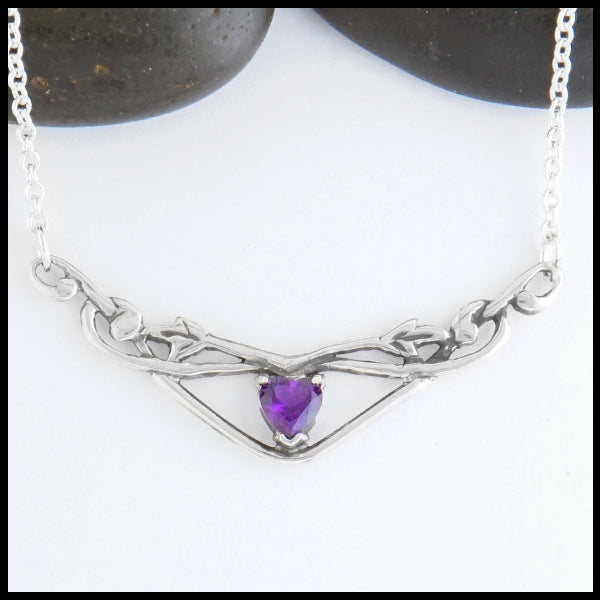 Heart Shaped Amethyst and Ivy Bar Necklace