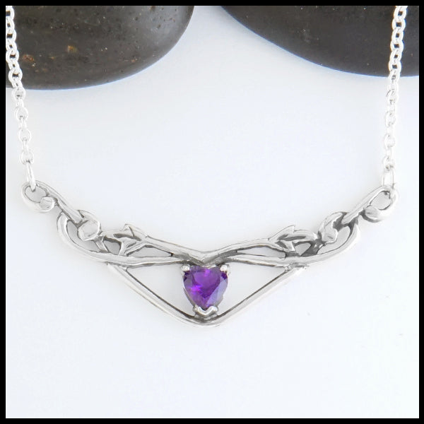 Profile view Heart Shaped Amethyst and Ivy Bar Necklace
