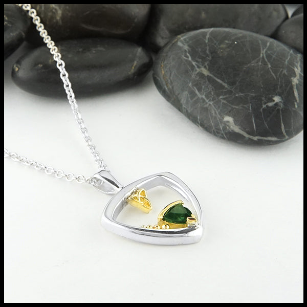 Custom green tourmaline pendant in sterling silver and 18K yellow gold