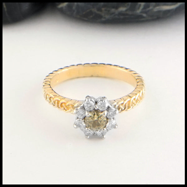 Josephine's Knot ring in 14K Yellow gold with Yellow Sapphire and Diamond Halo