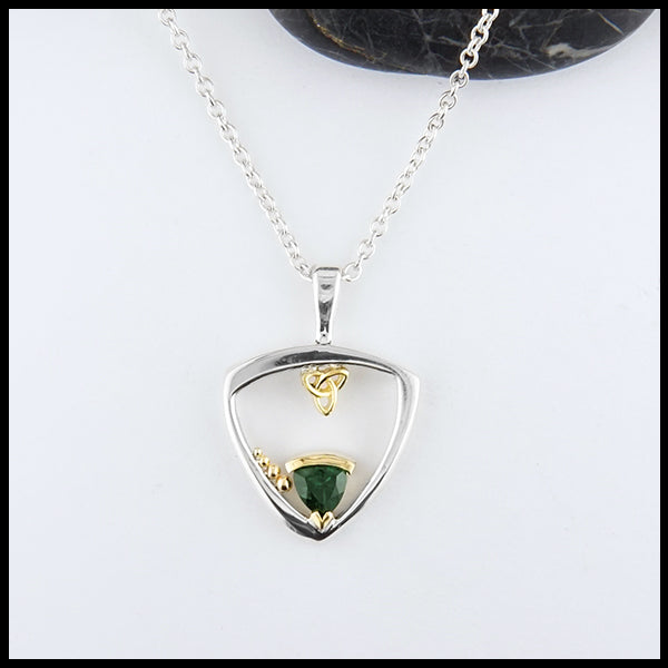 Custom green tourmaline pendant in sterling silver and 18K yellow gold