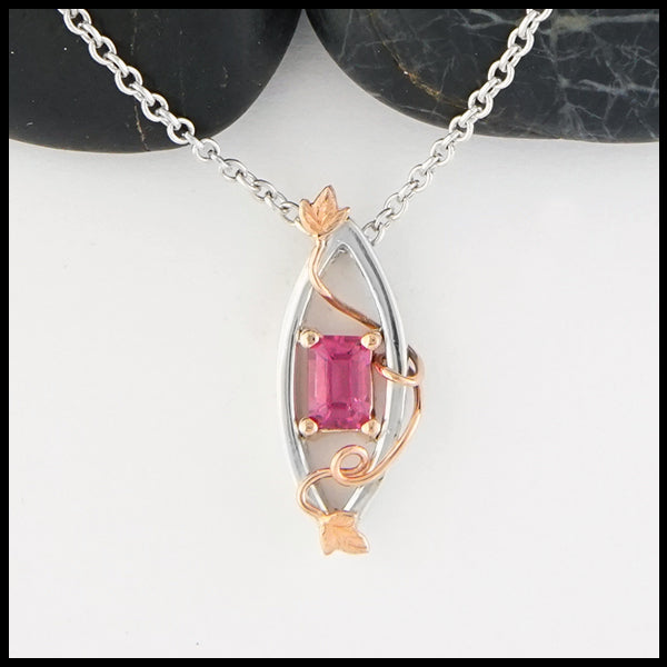 Overhead view of Pink Tourmaline and Gold Ivy Pendant