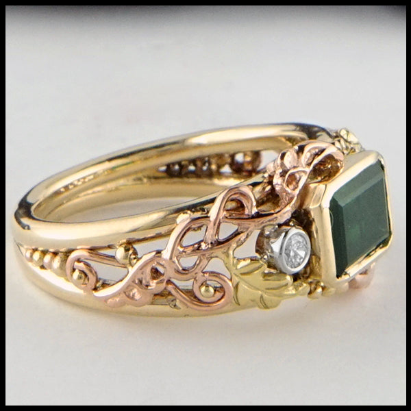 Profile view of Green Tourmaline and Diamond Gold Custom Ring