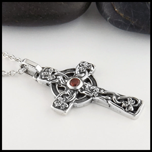 Profile view of Celtic Shamrock Cross with Gemstones