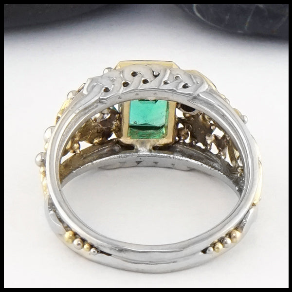 Reverse view of Celestial Emerald Frame Ring in 14K White, and Yellow gold.