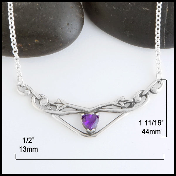 1/2 inch by 1 11/16 inches Heart Shaped Amethyst and Ivy Bar Necklace