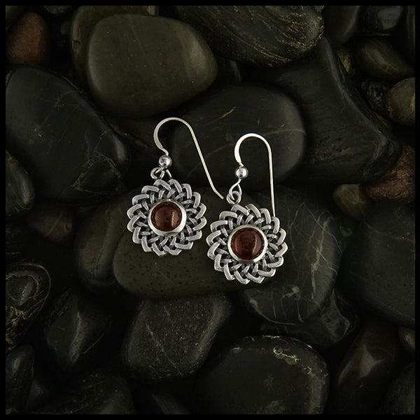 celtic knot flower earrings with red garnet