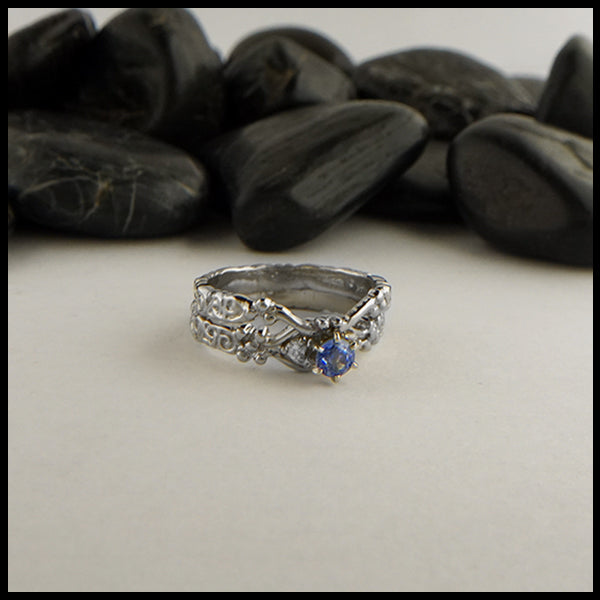 Trinity Scroll diamond and sapphire wedding set