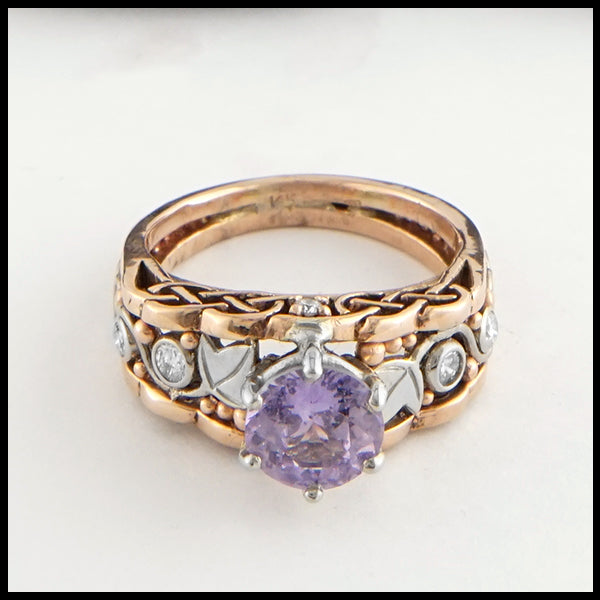 Purple sapphire and diamond cathedral ring