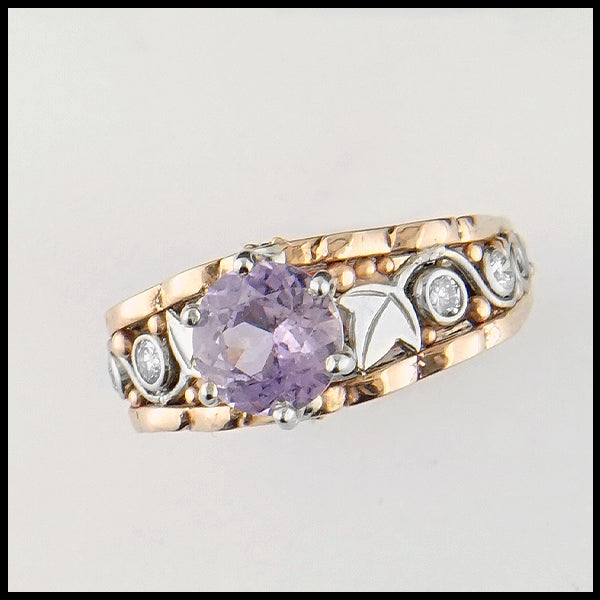 Purple sapphire and diamond cathedral ring