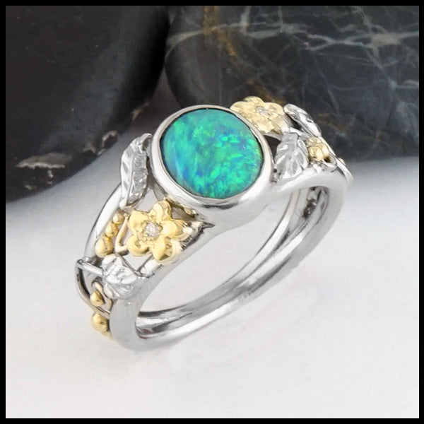 Floral Black Opal Gold Ring