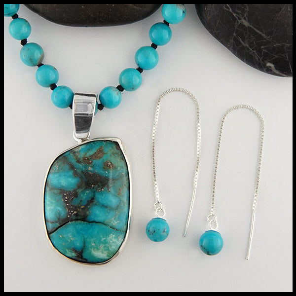 Turquoise Beaded Necklace and Threader Earring Set
