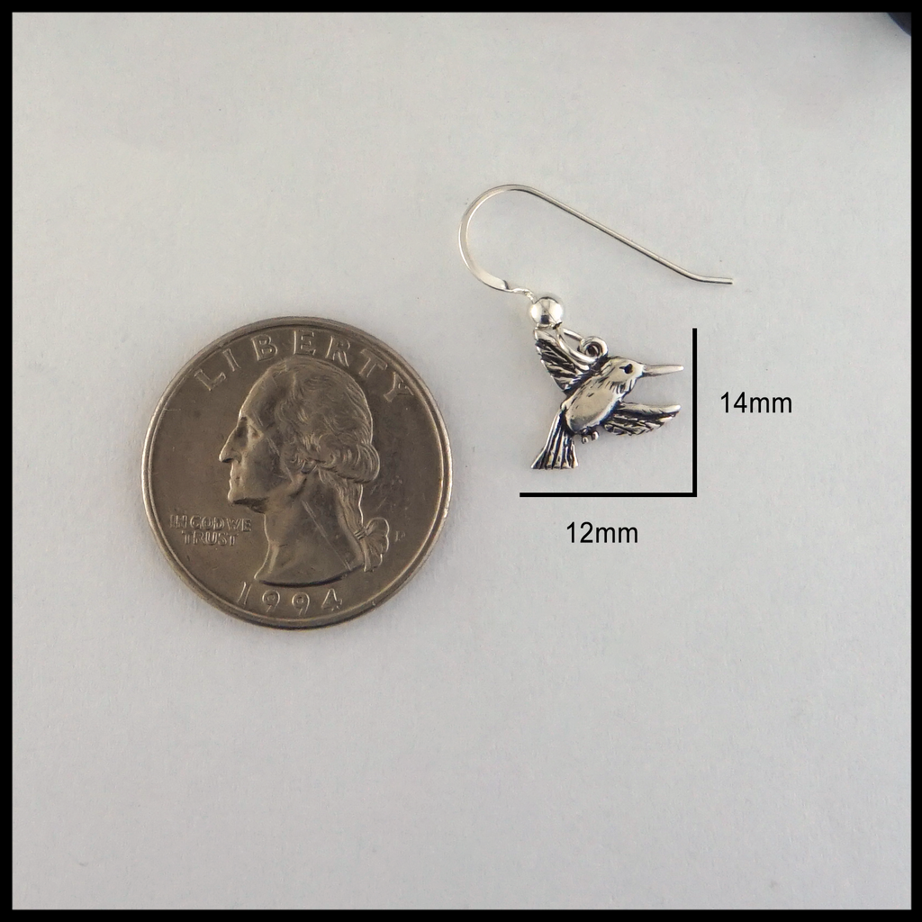 Hummingbird Drop Earrings measure 14mm by 12mm. Size compared to a quarter. 