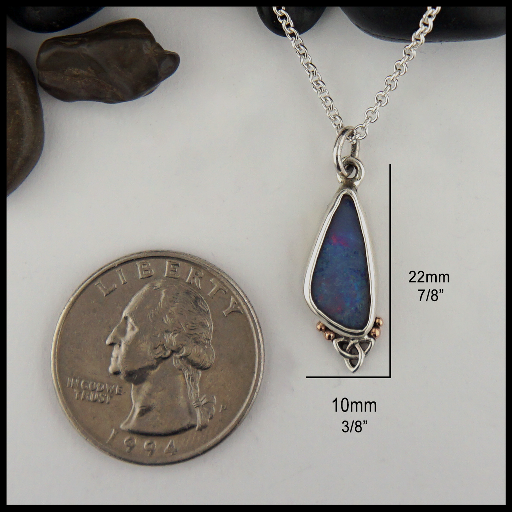 Grey Opal Asymmetrical pendant measures 7/8" by 3/8".