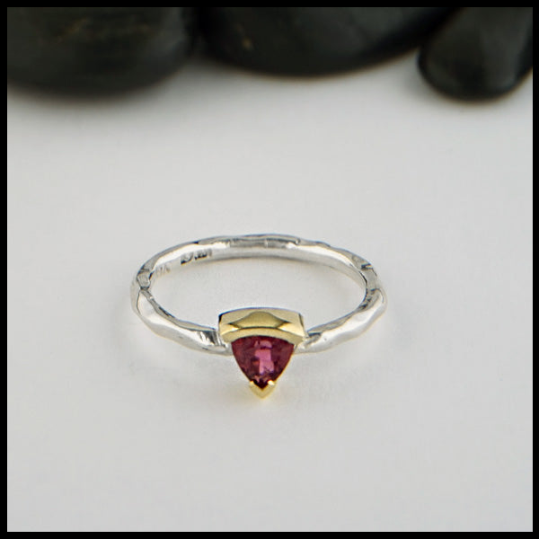 Raspberry Tourmaline rustic ring in sterling silver and gold