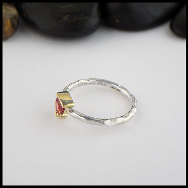 Raspberry Tourmaline rustic ring in silver and gold