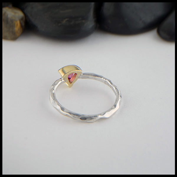 Reverse view of raspberry tourmaline rustic ring in silver and gold