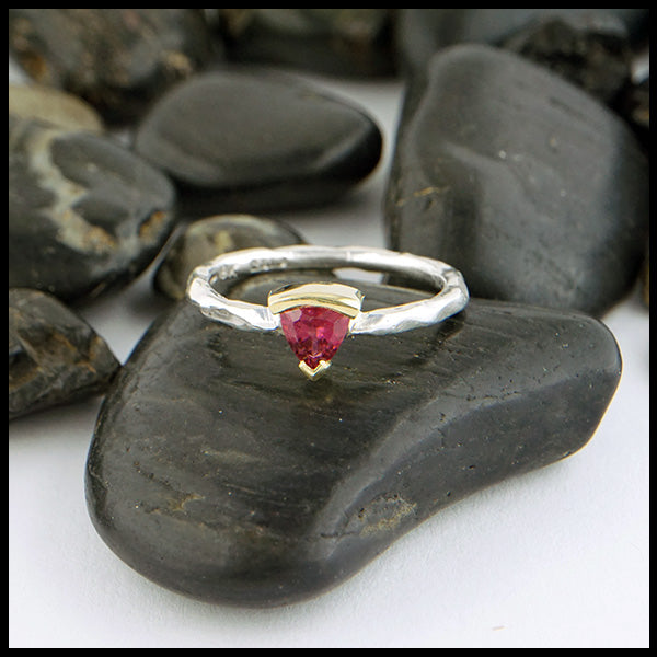 Raspberry Tourmaline rustic ring in silver and gold