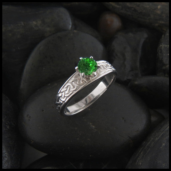 Round Cut Celtic Moissanite Diamond Wedding Ring Set With Emerald In 18K  White Gold | Fascinating Diamonds
