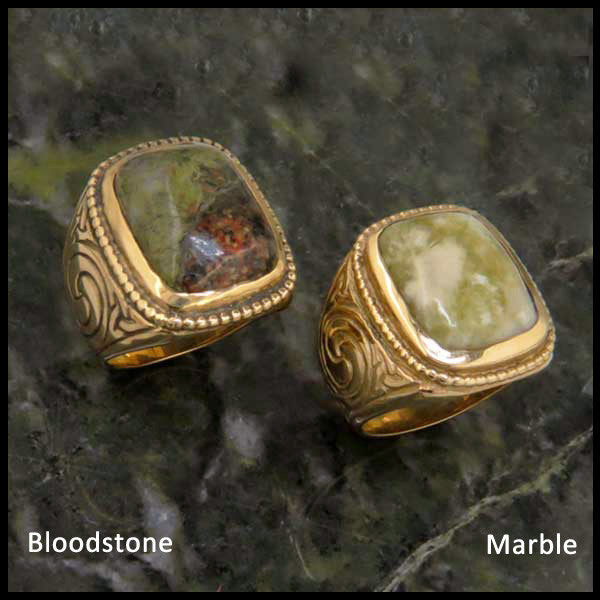 Large Men's Celtic Ring with Bloodstone and Marble  in 14K Gold
