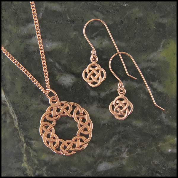 Dainty Josephine's Knot, Lover's Knot, Celtic Drop earrings in Gold with matching necklace