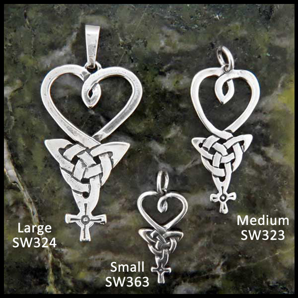 Heart, Triquetra, and Celtic Cross pendant in Sterling Silver