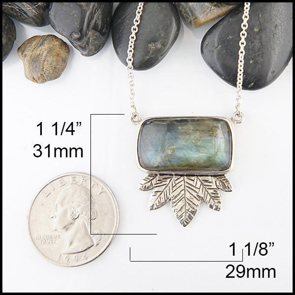 Labradorite Feather Pendant in sterling silver measures 1 1/4" by  1 1/8"