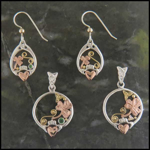 Sterling Silver and Gold Irish Claddagh Pendant Necklace and Drop Earrings