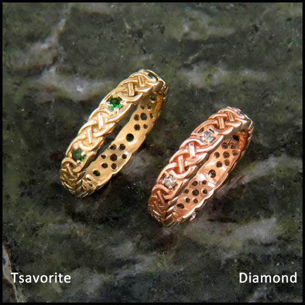 Josephine's Knot Wedding Band, Stacking Ring with Diamond and Tsavorite