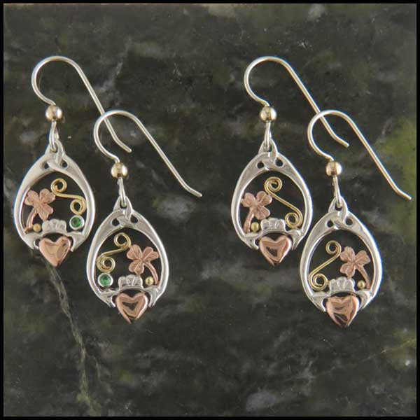 Silver and Gold Claddagh and Shamrock drop earrings