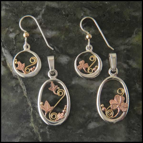 Sterling Silver and Gold Shamrock or Ivy pendant and earring set 