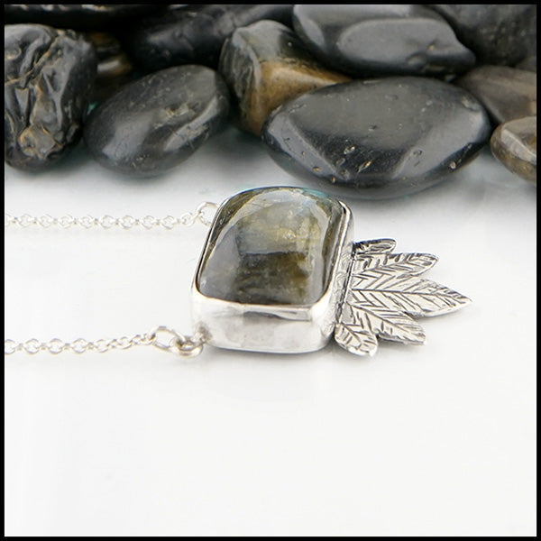 Profile view of Labradorite Feather Pendant in sterling silver