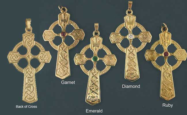 Large Celtic Trinity and Dove Cross in 14K Gold with Gemstones