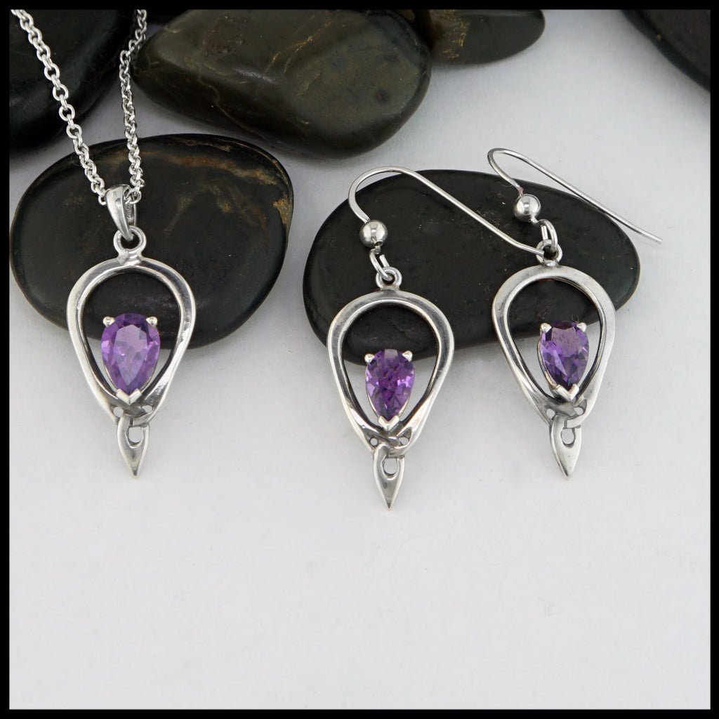 Celtic Drop Pendant and Earring set with Amethyst