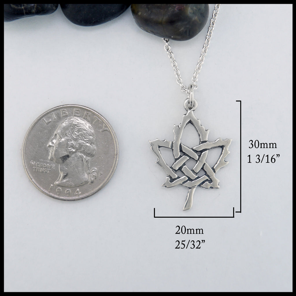 celtic maple leaf pendant measures 30mm 1 3/16" length 20mm 25/32" width 