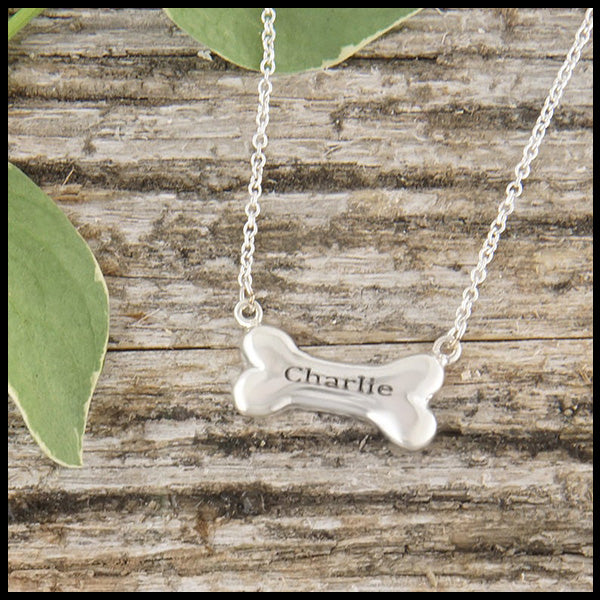Personalized dog bone necklace in sterling silver