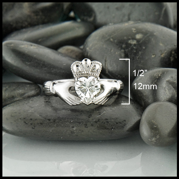 Handcrafted Moissanite Claddagh Ring by Walker Metalsmiths measures 1/2"