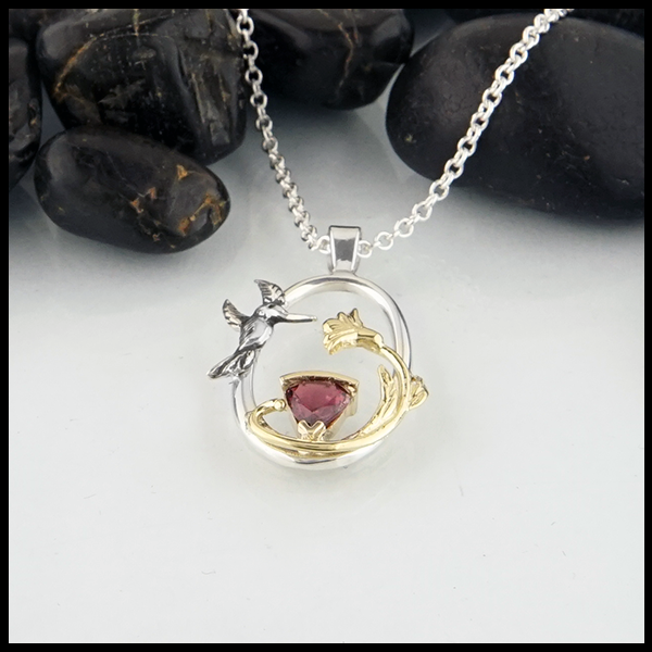 Sterling Silver and  14KY Gold Hummingbird pendant with Raspberry Tourmaline