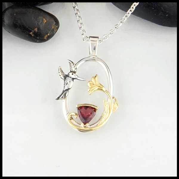 Sterling Silver and  14KY Gold Hummingbird pendant with Raspberry Tourmaline