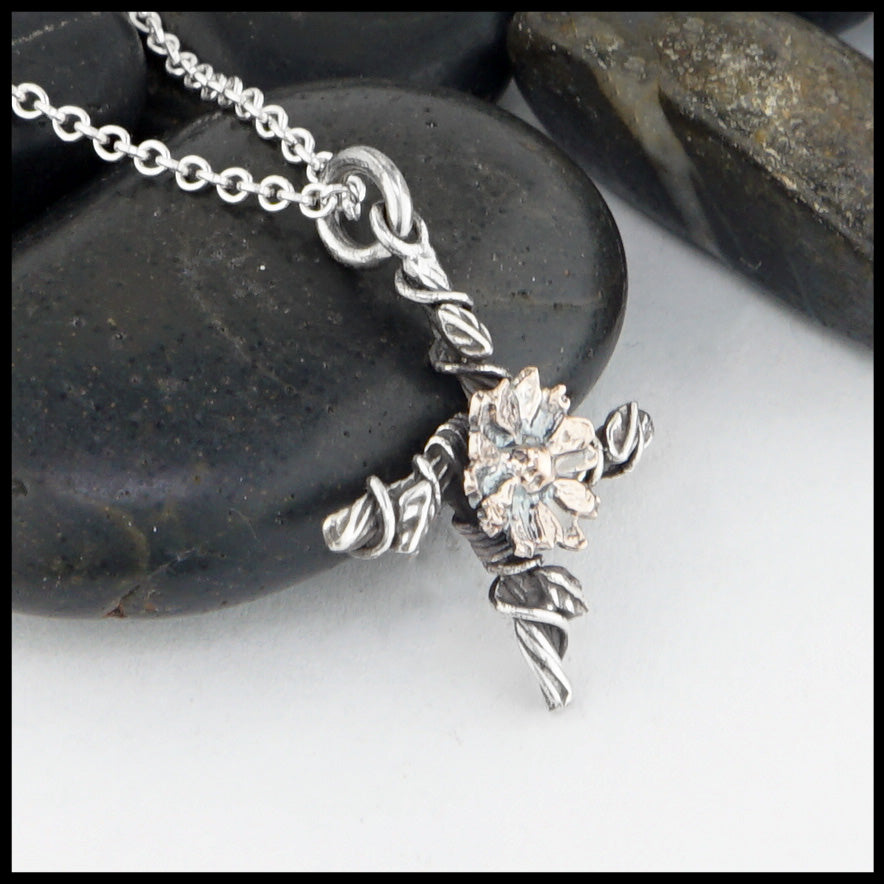 Small St. Brigid's Flower cross in silver with 14K Rose flower